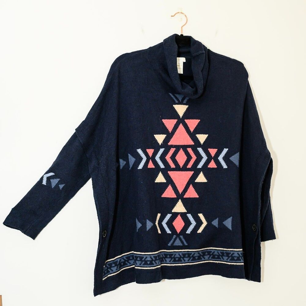 J. Jill Shawl Poncho Sweater M Blue Aztec Southwest Relaxed Casual Oversized - Picture 2 of 7